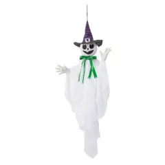 Morris Costumes 39 1/4" Animated Hanging Smiling Ghost with Witch Hat & Green Bow Halloween Decoration