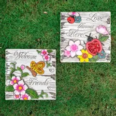Northlight Set of 2 Love Blooms and Welcome Friends Floral Outdoor Garden Stones 7"