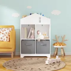 GustoWave Kids Dollhouse Bookcase with Storage, Toddler Bookshelf, 2-Tier Storage Display Organizer with 2 Collapsible Fabric Drawers
