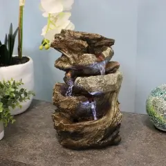 Sunnydaze Indoor Home Decorative Tiered Rock and Log Waterfall Tabletop Water Fountain with LED Lights - 10"