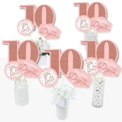 Big Dot of Happiness 10th Pink Rose Gold Birthday - Happy Birthday Party Centerpiece Sticks - Table Toppers - Set of 15