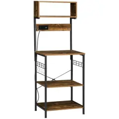 PDTEND Rustic Brown Kitchen Baker&rsquo;s Rack with Power Outlet, Adjustable Shelves, Microwave Stand, Coffee Bar & 5 Hooks