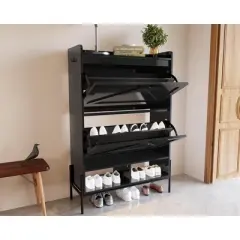 Garvee Shoe Storage Cabinet, 2 Flip Drawers & Top Drawer Shoe Cabinet for Entryway, Freestanding Shoe Organizer Cabinet with Metal Legs, Black