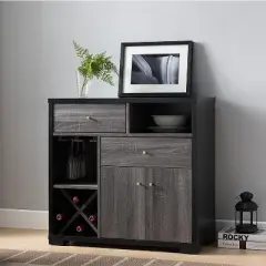 FC Design Two-Tone Buffet Table with Stemware Racks, 2 Drawers, 1 Cabinet, and 4 Wine Slots in Distressed Grey and Black Finish