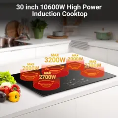 30-inch Induction Stove with with 5 Boost Burners,10600W Induction Cooktop 9 Power & Independent 99 min Timer,Child Lock & Auto Shutoff,240V & No plug