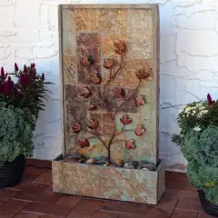 Sunnydaze 32"H Electric Slate and Metal Climbing Vines Outdoor Water Fountain with LED Light