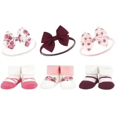 Hudson Baby Infant Girl 12Pc Headband and Socks Giftset, Rose Pink Burgundy, One Size