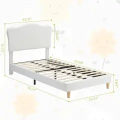 Twin Bed Frame, Twin Size Bed Frame with Cute Upholstered Headboard, Velvet Sturdy Platform Bedframe for Girls and Boys