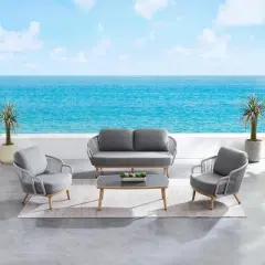 Woven Accent Outdoor Sofa Set 3Seater + Textured Wood Frame Lounge Chairs & Rectangular Table