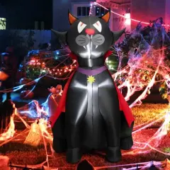 Tangkula 4.7FT Tall Halloween Inflatable Decoration Blow Up Black Cat with Crimson Cape Halloween Decor with Bright LED&nbsp;Lights