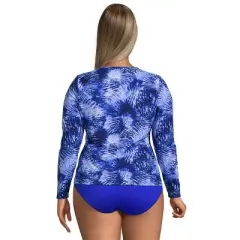 Lands' End Women's Plus Size Long Crew Neck Long Sleeve Rash Guard UPF 50 Sun Protection Modest Swim Tee