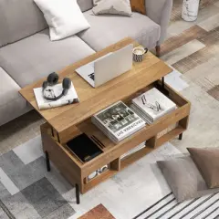 Tangkula Lift Top Coffee Table with Metal Legs Rising Center Table with Hidden Compartment & 3 Open Cubbies Multifunctional Dining Working Table