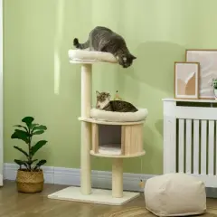 SKYONE 3-Level Cat Tree with Sisal Scratching Posts, Plush Cushions, Condo & Badminton Toys - Ideal