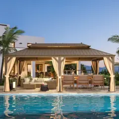 Erommy 14' x 22' Hardtop Gazebo,Aluminum Frame Gazebo with Galvanized Steel Double Roof, Curtains and Nettings Included