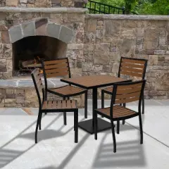 Flash Furniture Lark Outdoor Patio Bistro Dining Table Set with 4 Chairs and Faux Teak Poly Slats