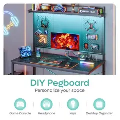 Bestier Gaming Desk with Power Outlets & LED Light, 39.3'' Computer Desk Office Table with Storage Shelves Pegboard
