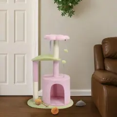 33in Cat Tree, Multi-level Cat Tower with Cat Scratching Post with Curved Perch, Cozy Cat Condo, Padded Top Bed for Kittens and Indoor Cats Pink