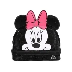 Disney Minnie Mouse Character Face Black Glitter 6" Cosmetic Pouch With 3D Ears