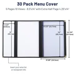 WeChef 30 Pcs Restaurant Menu Covers 8.5x14" 5 Page 10 View & 4.25x14" Half Page Wine List