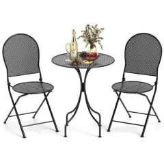 Costway 3 PCS Metal Bistro Set Round Table & 2 Folding Chairs with Rattan-Like Pattern Black/White
