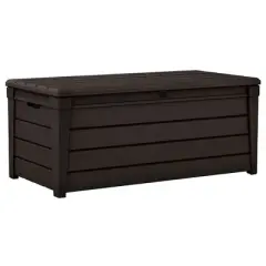 Keter Brightwood 120 Gallon All Weather Weatherproof Resin Outdoor Backyard Patio Porch Garden Deck Storage Bench with Easy Lift, Brown (2 Pack)
