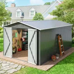 Sandinrayli 10 x 12 FT Outdoor Storage Shed, Large Metal Tool Sheds with Updated Frame Structure and Lockable Doors, Grey