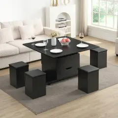 Christopher Knight Home Olia Modern Multi-Functional Lift-Top Coffee Table with Hidden Storage, 4 Stools and Lockable Wheels