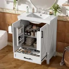 LOVSON 24''Bathroom Vanity Set, solid wood frame, equipped with soft-close doors, compartmentalized drawer, and double-tier storage shelf, white