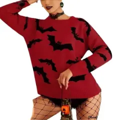 Coolmee Women's Autumn Winter Sweaters Contrast Color Crew Neck Sweaters Fashion Long Sleeve Halloween Jacquard Knit Tops M Red