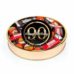 90th Birthday Sugar Free Candy Gift Tin Large Plastic Tin with Sticker and Hershey's Chocolate & Reese's Mix - By Just Candy