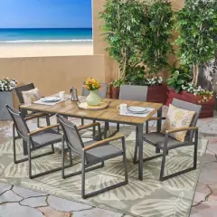 Christopher Knight Home Westcott Outdoor Aluminum and Mesh 7 Piece Dining Set with Wood Tabletop, Gray/Natural