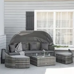 Outsunny Outdoor Round Daybed 4 Pieces Wicker Outdoor Rattan Sofa with Canopy, Cushions, Pillows Patio Bed Sets for Garden Backyard