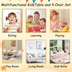 Kids Table and Chair Set, 3-Piece Wooden Toddler Desk with Animal Backrest, Activity Table for Drawing, Learning,Playroom or Nursery Pink&White