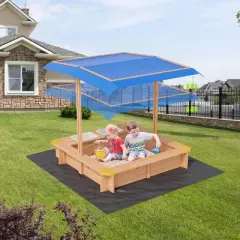 Kids Wooden Sandbox with Adjustable Canopy &ndash; Outdoor Sandpit with Storage Boxes, Drainage Liner & UV Protection for Ages 3+