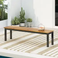 Outdoor Wooden Patio Dining Bench with Metal Frame,Modern Patio Bench with Slat Top,Teak Finish Bench for Garden or Backyard-Coolbibila