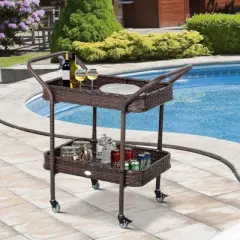 Outsunny Rattan Wicker Serving Cart with 2-Tier Open Shelf, Outdoor Wheeled Bar Cart with Brakes for Poolside, Garden, Patio