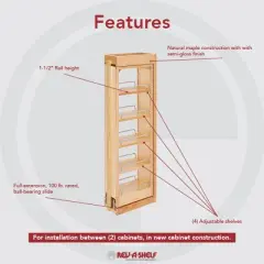 Rev-A-Shelf 432-WF36-6C 6 x 36 Inch Wooden Adjustable Pull-Out Between Cabinet Wall Filler Kitchen Storage Shelf Spice Rack Organizer Unit