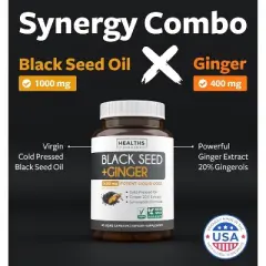 Black Seed Oil + Ginger Liquid Capsules, Cold-Pressed Nigella Sativa with Ginger Extract for Wellness & Digestive Health, Health's Harmony, 60ct