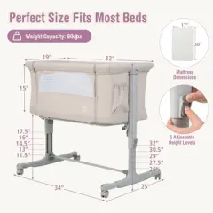 Infans 3-in-1 Baby Bassinet Beside Crib with 5-Level Adjustable Heights Beige