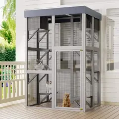 ORRD 70.5" Tall Wooden Outdoor Cat Enclosure with Platforms & Houses, Gray