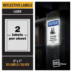 Avery Reflective Labels, 5" x 7" Silver Reflective Sign Labels, Laser Printable, 20 Labels (61583)