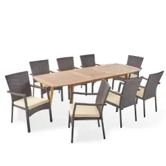Christopher Knight Home Outdoor Acacia Wood and Wicker 9 Piece Expandable Dining Set with Cushion
