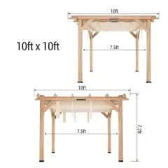 Pergola, Wooden Pergola - 10x10 FT Cedar Wood with Retractable Oxford Fabric Roof, Outdoor Patio Canopy Gazebo with Shade