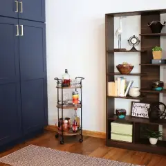 Sunnydaze Round Metal 3-Tier Bar Cart - Indoor Furniture with Wheels - Brown - 34.5&rdquo; H