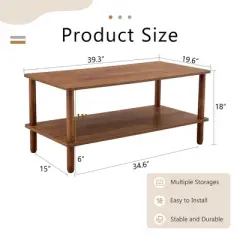 Modern 2-Tier Coffee Table for Living Room Furniture, Center Table with Open Storage Shelf, Rounded Rubberwood legs, Wood/Walnut Color 39.3*19.6*18in