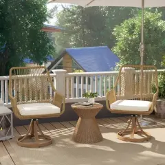 Outsunny Outdoor Patio Swivel Chairs Set of 2, Rattan Patio Dining Chairs with Soft Cushions and Metal Frame for Backyard, Lawn, Porch, Garden, Khaki