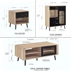 Kings Brand Furniture Nathan 3-Piece Living Room Set with Sideboard Cabinet, Coffee Table & End Table, Modern Storage, Oak/Black Finish