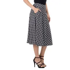 24seven Comfort Apparel Womens Black Diamond Print A Line Midi Skirt with Pockets