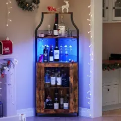 Corner Bar Cabinet, 61" Farmhouse Wine Rack with LED Light, Detachable 5-Tier Industrial Cabinet with Glass Holder & Adjustable Shelves-Brown