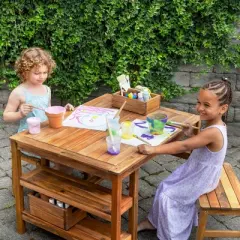 Guidecraft Acadia Kids Outdoor Craft Table and 2 Bench Set: Acacia Wood Activity Desk w/ Storage, Kids Play Table & Bench for Backyard, Patio, Garden